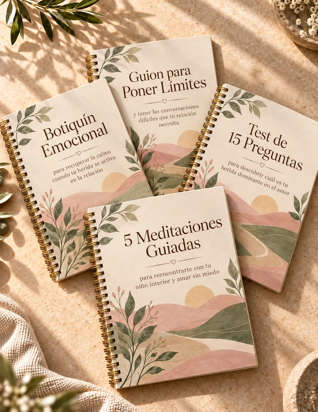 Los 4 bonos: Test de 15 Preguntas, Botiquín Emocional, Guion para Poner Límites y 5 Meditaciones Guiadas