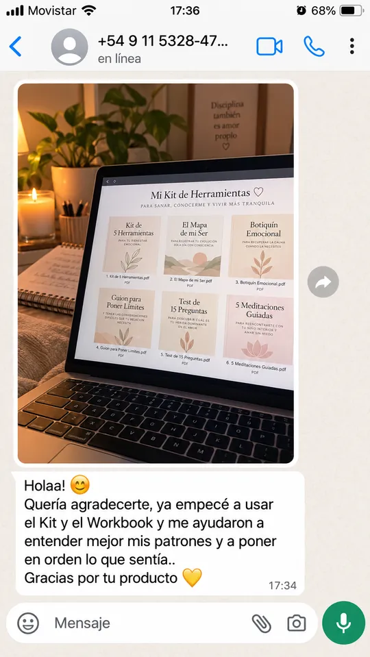 Captura de WhatsApp con una foto del Kit abierto en el computador y un mensaje agradeciendo por el material
