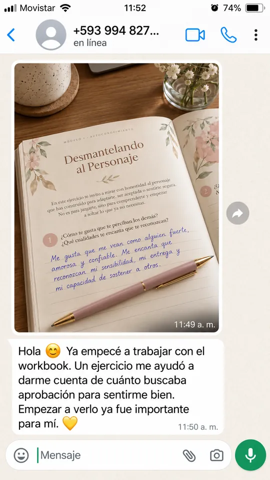 Captura de WhatsApp con una página del Workbook respondida a mano y un mensaje sobre el ejercicio de aprobación