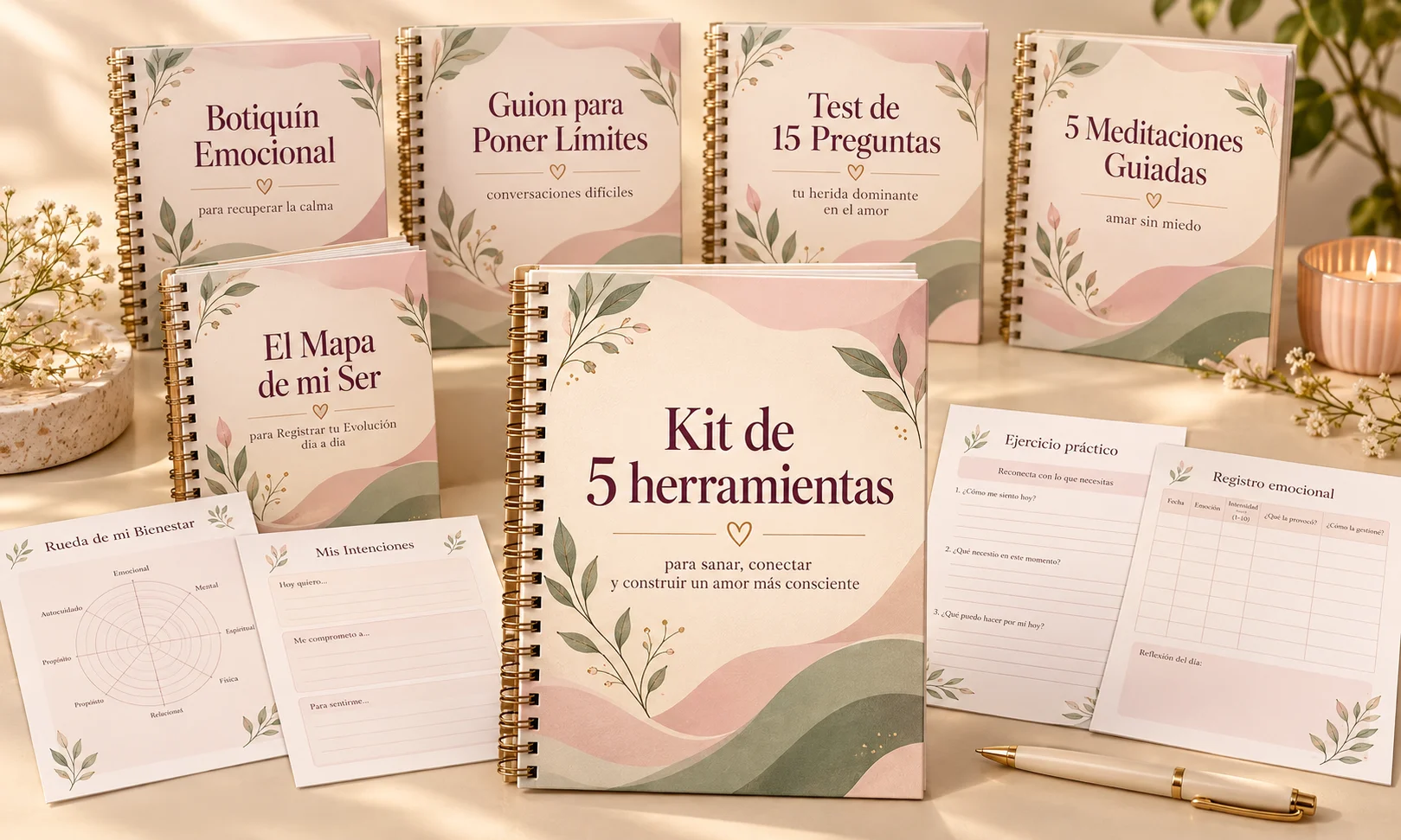 Kit de 5 herramientas junto al workbook El Mapa de mi Ser y los 4 bonos